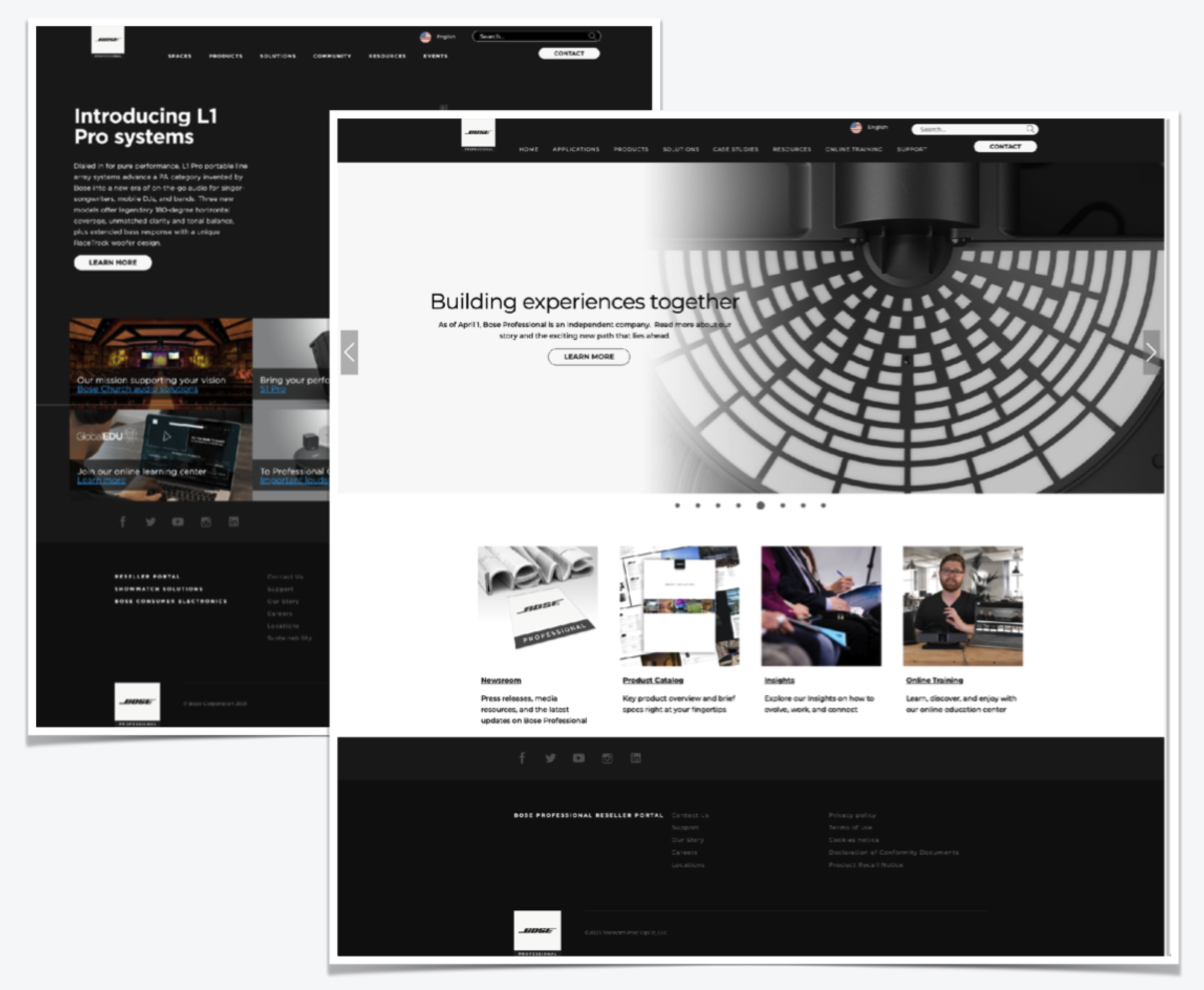 Before and after of the Bose Professional homepage redesign